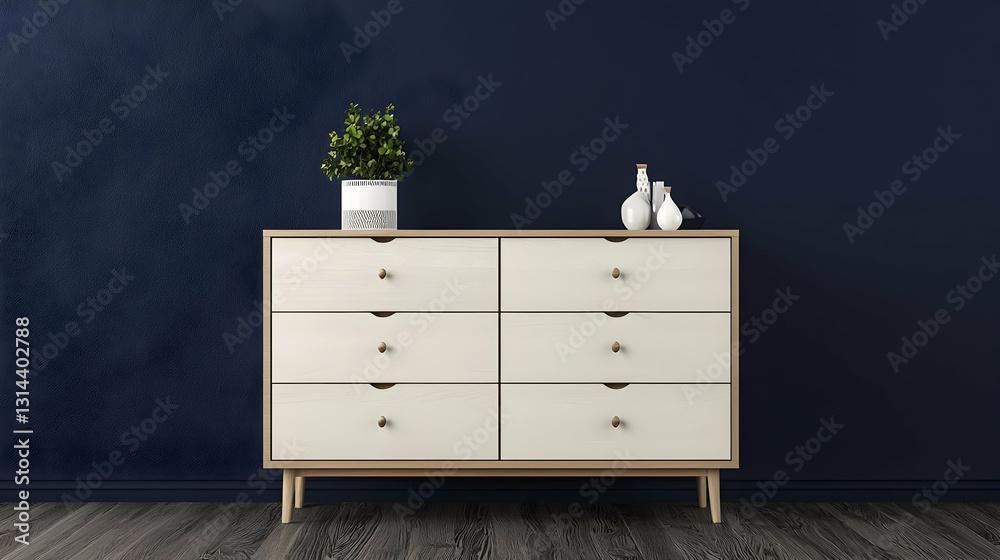 Modern Minimalist White Dresser Against Textured Dark Blue Wall With Decorative Plant And Ceramic Ornaments in a Contemporary Interior Design Modern Minimalist White Dresser Against Textured Dark Blue Wall With Decorative Plant And Ceramic Ornaments in a Contemporary Interior Design