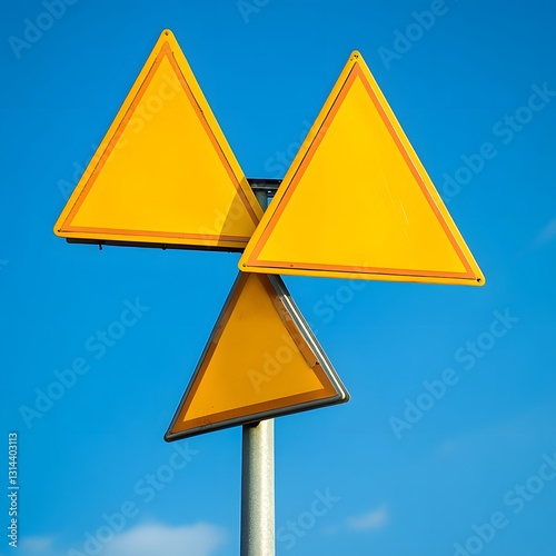 Minimalist Warning Signs on Poles against Clear Blue Sky