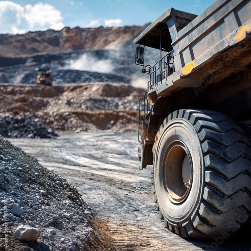 Massive Mining Trucks Dominating Barren Landscape with Piles of Mineral Rocks Under Scorching Sunlight and Smoky Atmosphere