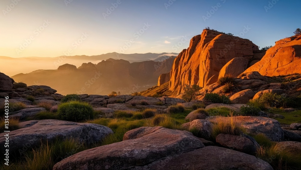 Obraz premium Breathtaking view of red rock cliffs at sunrise, with mist covering the valley below and lush grass in the foreground under a vibrant sky