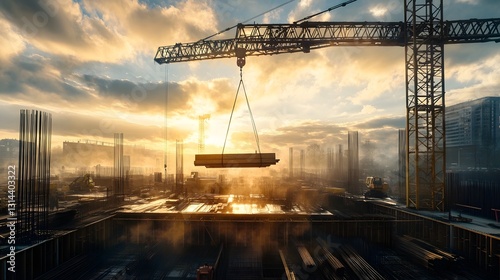 Expansive Construction Site with Crane Hoisting Steel Beam at Sunrise