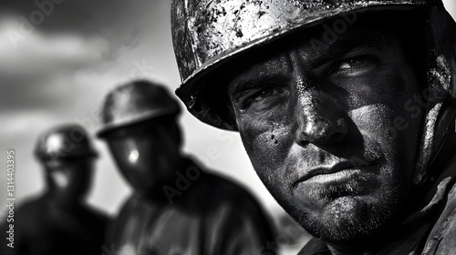 Gritty Black and White Portrait of Battle Hardened Construction Crew Amid Welding Sparks and Molten Metal