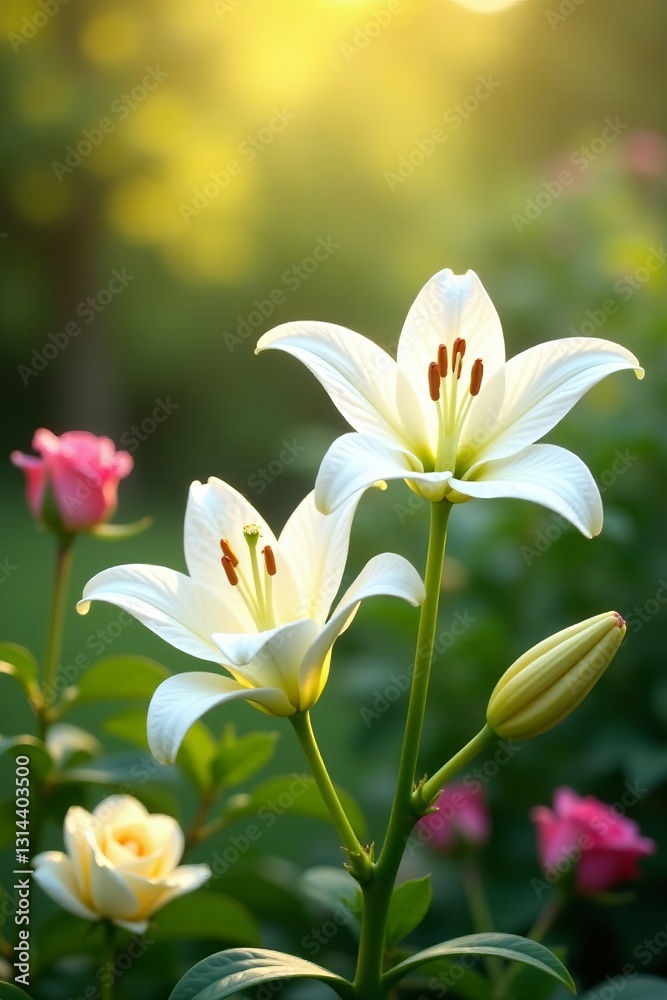 Delicate white lilies and rose blossoms in a sunlit garden setting, garden, flowers, white Delicate white lilies and rose blossoms in a sunlit garden setting, garden, flowers, white