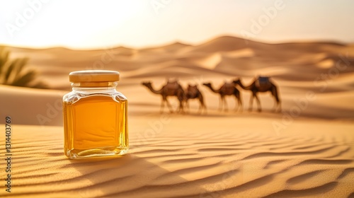 Captivating Desert Landscape with Solitary Camel Caravan Journeying Across Vast Golden Dunes