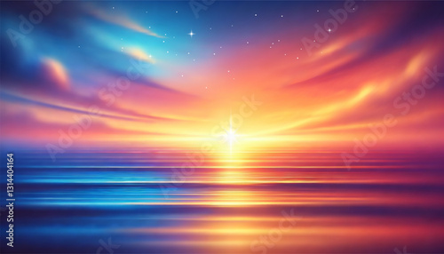 Vector Dreamy Ocean Sunset with Vibrant Gradient Sky Stars and Clouds