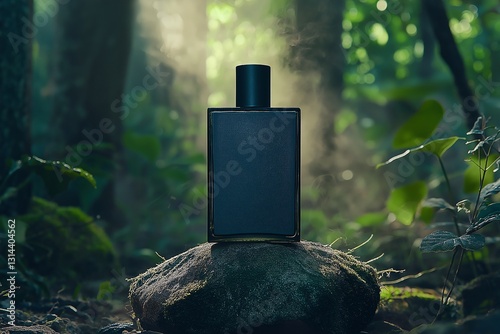 Captivating aromatic display perfume bottles in a natural forest setting