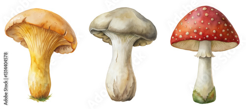 Watercolor mushrooms, vibrant colors, detailed illustrations, nature themes, organic shapes, botanical art, artistic design.