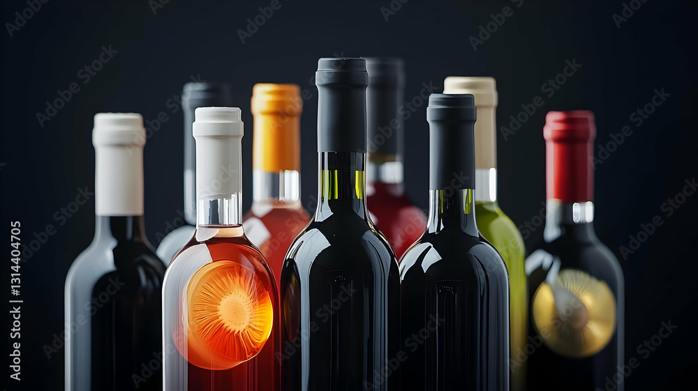 Obraz premium Diverse Wine Bottles Collection Showcasing Red White And Rose Wine Against Dark Background With Selective Focus On Wine Labels