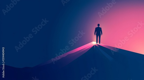 Businessman Silhouette Standing on Mountain Peak Gazing at Bright Future