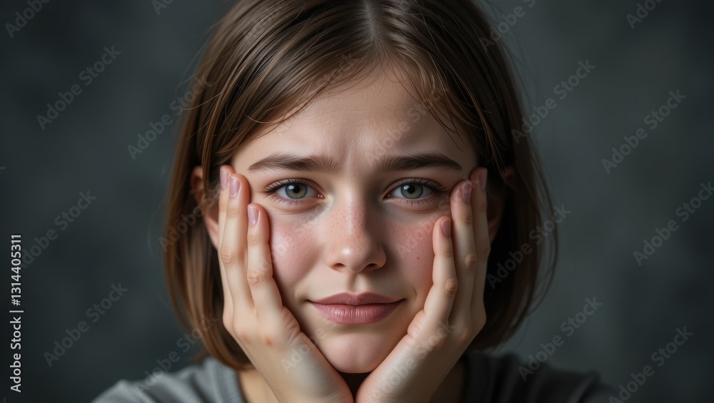Thoughtful Young Woman with Hands on Face Expressing Emotion and Contemplation in Close-Up Portrait Thoughtful Young Woman with Hands on Face Expressing Emotion and Contemplation in Close-Up Portrait