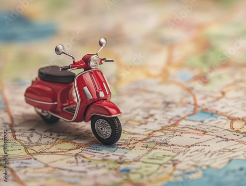 A nostalgic scene featuring a classic red scooter parked on an open map, depicting the intersection of adventure and navigation.