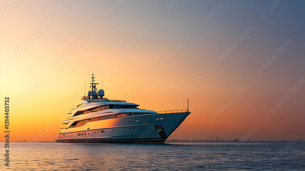 Luxury White Yacht Sailing Towards the Golden Sunset on Calm Ocean Waters During Summer Evening Luxury White Yacht Sailing Towards the Golden Sunset on Calm Ocean Waters During Summer Evening