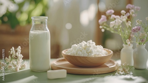 Milk and fresh cheese arrangement in a serene indoor setting with flowers