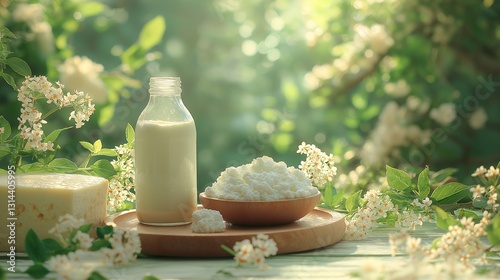 Creating fresh dairy products milk and cheese in a serene garden setting
