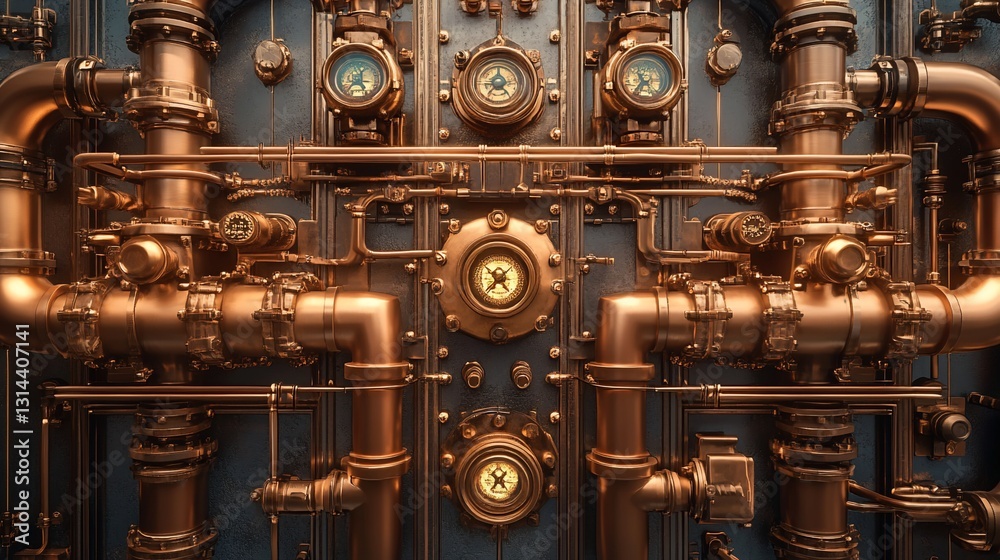 Copper Pipes, Gauges, Steampunk Panel, Industrial Background