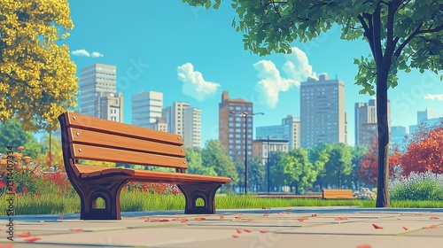 Relaxing park scene with a wooden bench in a city landscape under clear blue skies