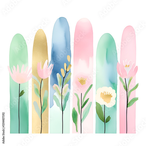 Pastel paint strokes with meadow flowers overlayed. Isolated background