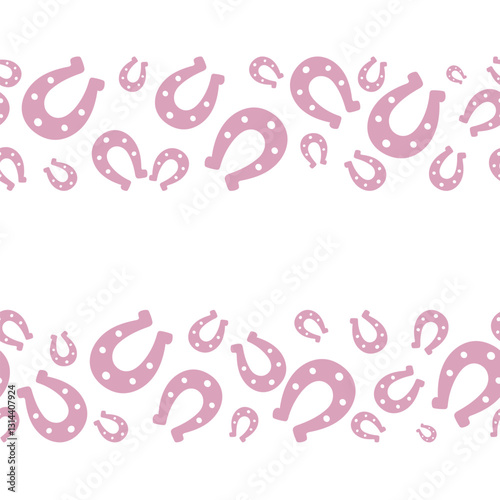 Lucky horseshoe silhouette. Seamless horizontal border. Border of two pink stripes. Place for text. Endless vector pattern. Isolated colorless background. Flat style.
