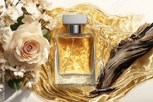 Elegant perfume bottle with floral accents studio product photography minimalist close-up luxury