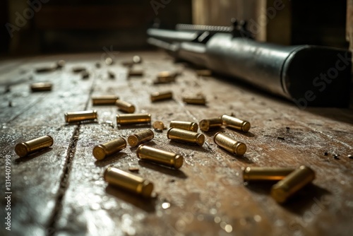 Weapon resting on wooden surface with scattered spent cartridges in dim lighting