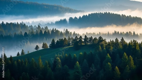 Serene forest landscape at sunrise with layers of mist covering rolling hills, casting golden light over dense evergreen trees
