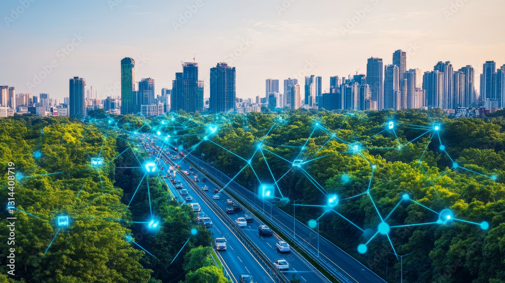 Obraz premium An abstract visualization of a smart city integrates a polygonal pattern with dynamic speed lines, symbolizing the interconnectivity of big data and advanced technology