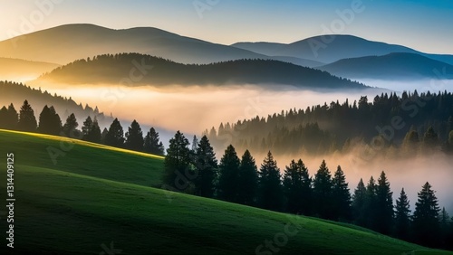Serene forest landscape at sunrise with layers of mist covering rolling hills, casting golden light over dense evergreen trees