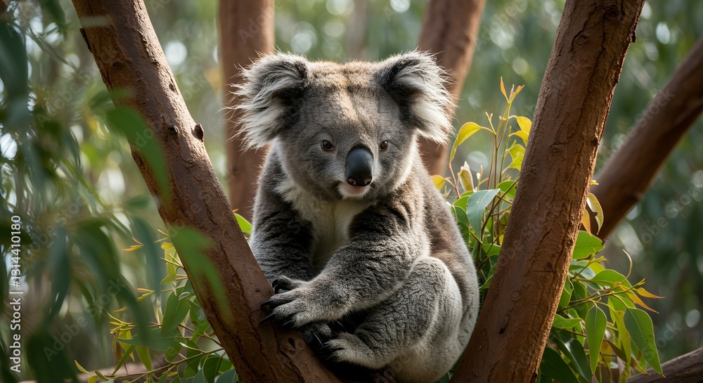 Obraz premium Koala Resting Comfortably On A Eucalyptus Tree Branch In A Sunlit Forest.