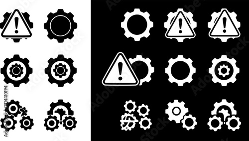 Warning icon set, broken operational process, gear symbol with exclamation mark, troubleshoot filled, repair or maintenance symbol

