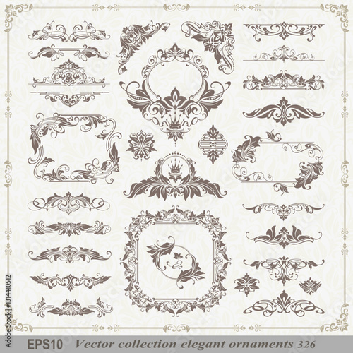 Vintage design lace borders monogram logo and corners Vector set art deco floral ornaments elements