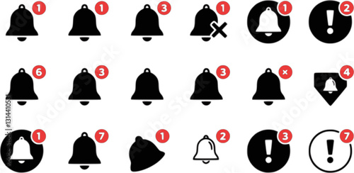 Notification bell icon set, alert icon for incoming inbox message, ringing bell and notification number sign for alert and alarm
