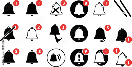 Notification bell icon set, alert icon for incoming inbox message, ringing bell and notification number sign for alert and alarm

