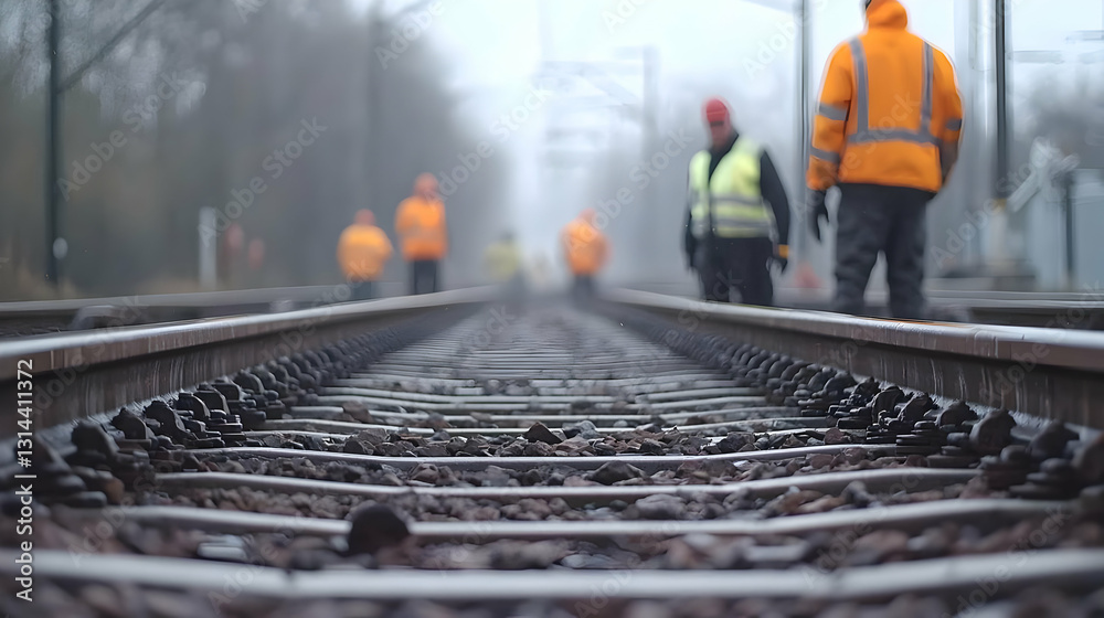 custom made wallpaper toronto digitalRailway Tracks With Workers in Orange Safety Vests on a Foggy Day in Winter With Low Angle Ground Level View