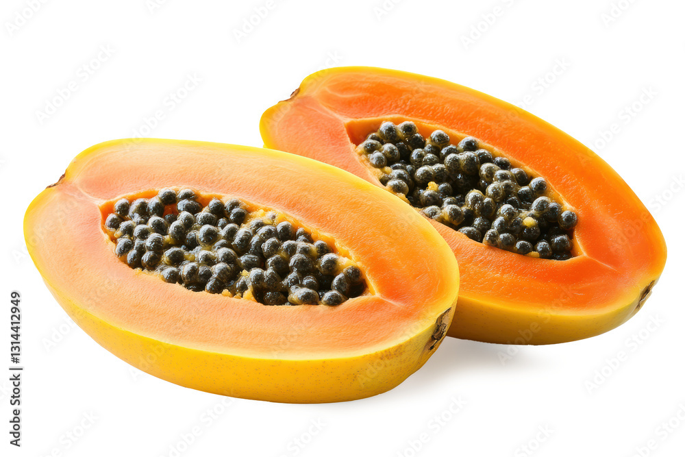 Tranches de papaye mûre présentant sa chair orange vif et ses graines noires