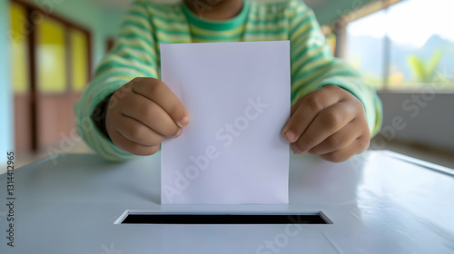 A child deposits a paper into a ballot box for voting