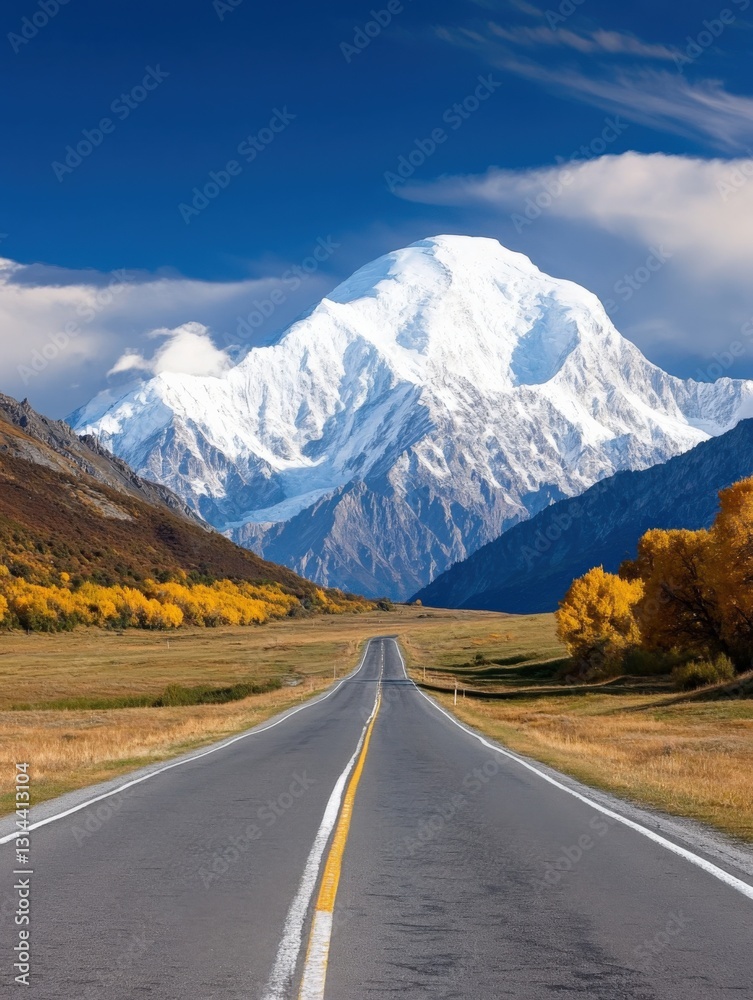 Naklejka premium Scenic road trip through majestic mountain landscape natural park photography autumn vibes wide angle view adventure awaits