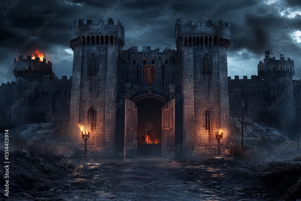 Fototapeta premium Majestic stone castle against stormy sky. Neural network AI generated