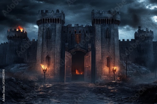 Majestic stone castle against stormy sky. Neural network AI generated