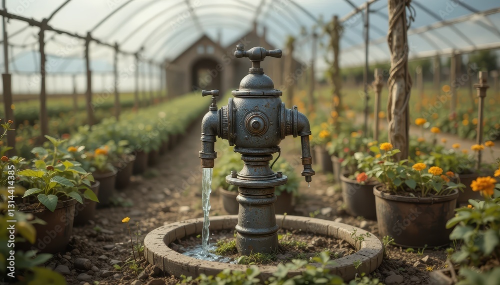 Rustic Metal Water Fountain in Greenhouse Garden Setting Tranquil Outdoor Scene Rustic Metal Water Fountain in Greenhouse Garden Setting Tranquil Outdoor Scene