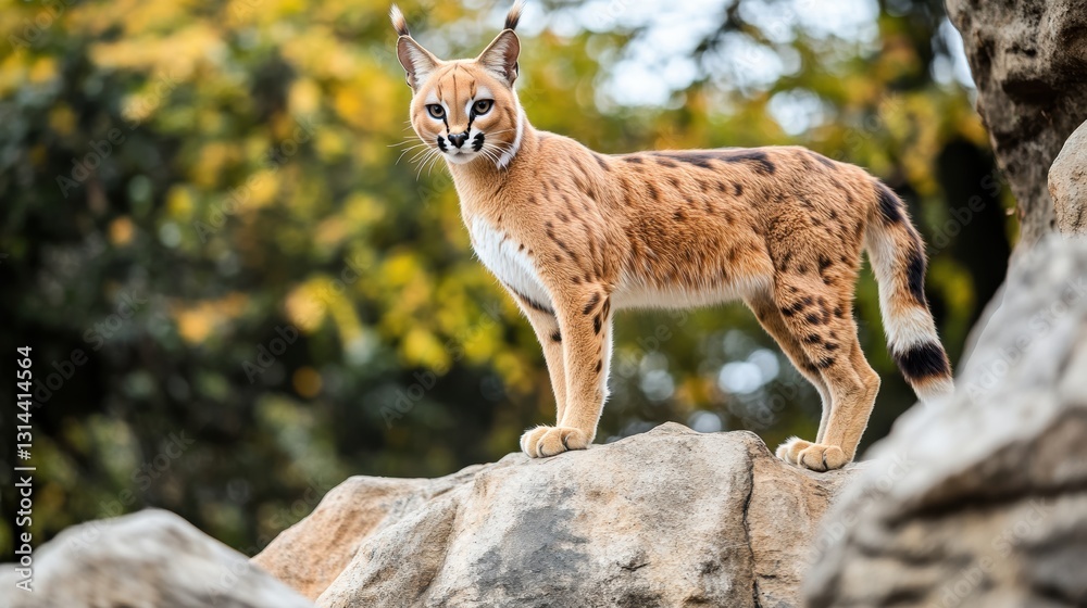 Naklejka premium Elegant Serval Cat Gracefully Posing on Rocky Outcrop in Natural Environment with Foliage