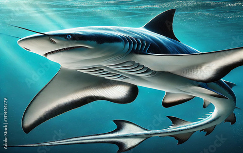 A hybrid creature combining a shark and a stingray. The creature has the powerful body and dorsal fin of a shark, but its pectoral fins extend outward