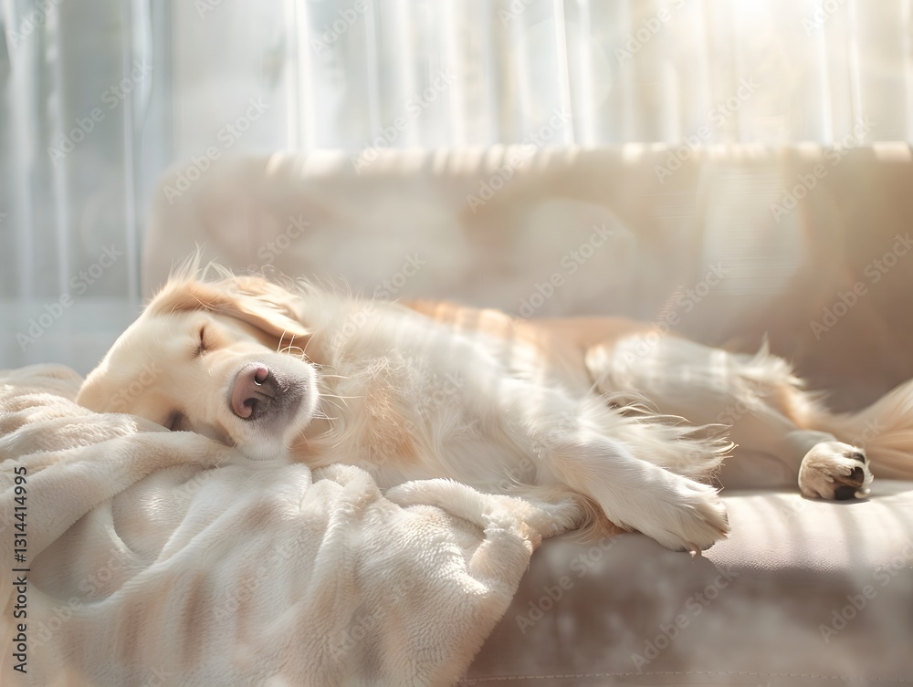 Golden Retriever Peacefully Sleeping on Couch with Soft Sunbeam