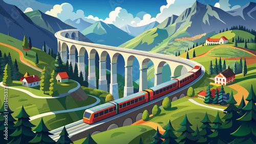 Aerial view of a Bernina Express train crossing the Brusio spiral viaduct, Grisons canton, Switzerland