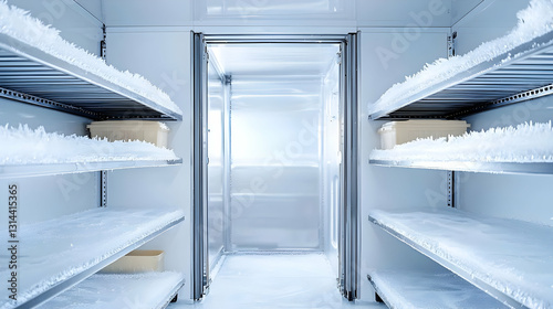 Empty Industrial Walk-In Freezer With Metal Shelves Covered In Frost And Ice Crystals In A Sterile White Cold Storage Room