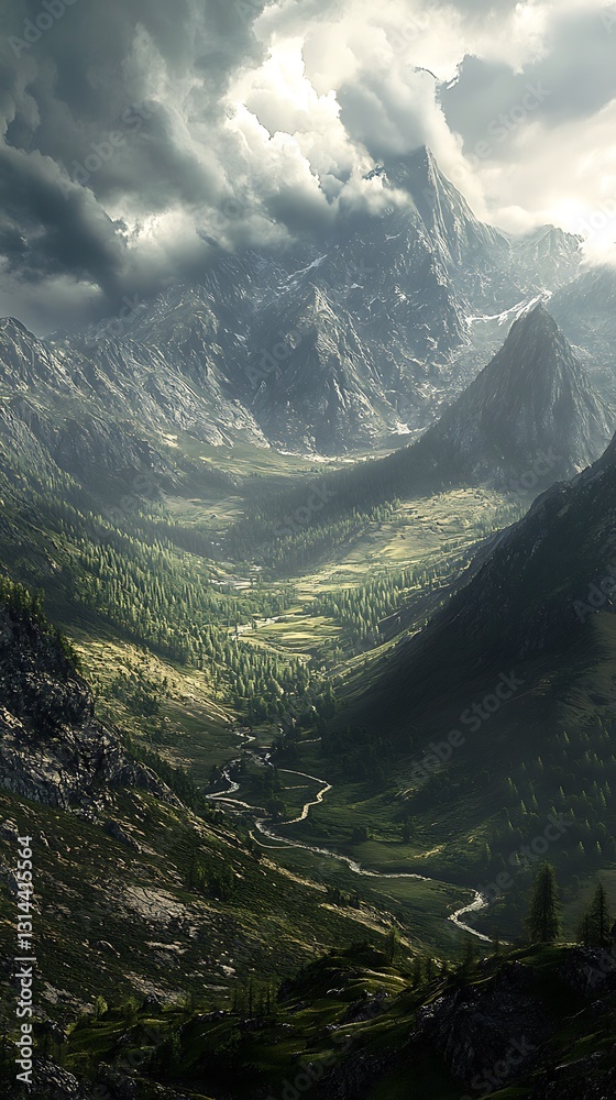Fototapeta premium A breathtaking mountain valley with lush greenery and dramatic clouds overhead.