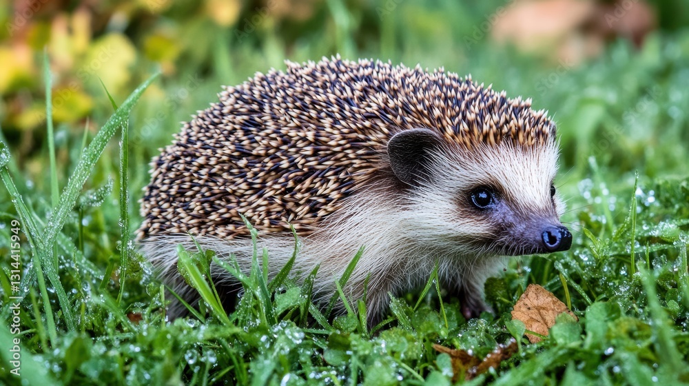 Close-Up of a Hedgehog in Lush Green Grass with Dewdrops on a Calm Morning Close-Up of a Hedgehog in Lush Green Grass with Dewdrops on a Calm Morning