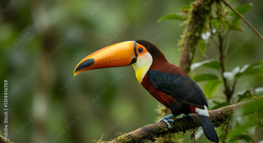Naklejka premium Toucan Perched on a Tree Branch in a Tropical Rainforest.