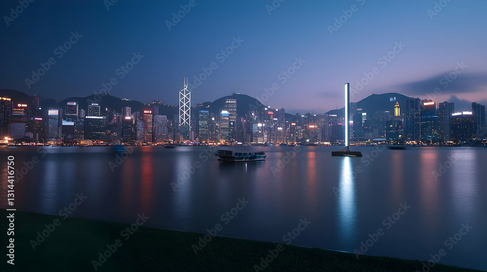 Illuminated Hong Kong Skyline At Night Across Victoria Harbour With Reflections In The Water And Dark Blue Sky Illuminated Hong Kong Skyline At Night Across Victoria Harbour With Reflections In The Water And Dark Blue Sky