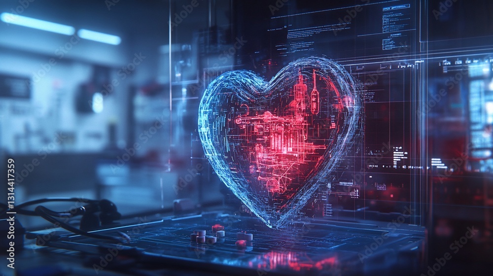 Obraz premium Digital Heart Hologram in Tech Lab