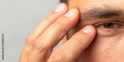 A close-up of a person touching their eye, expressing emotions like concern or contemplation in a neutral setting.